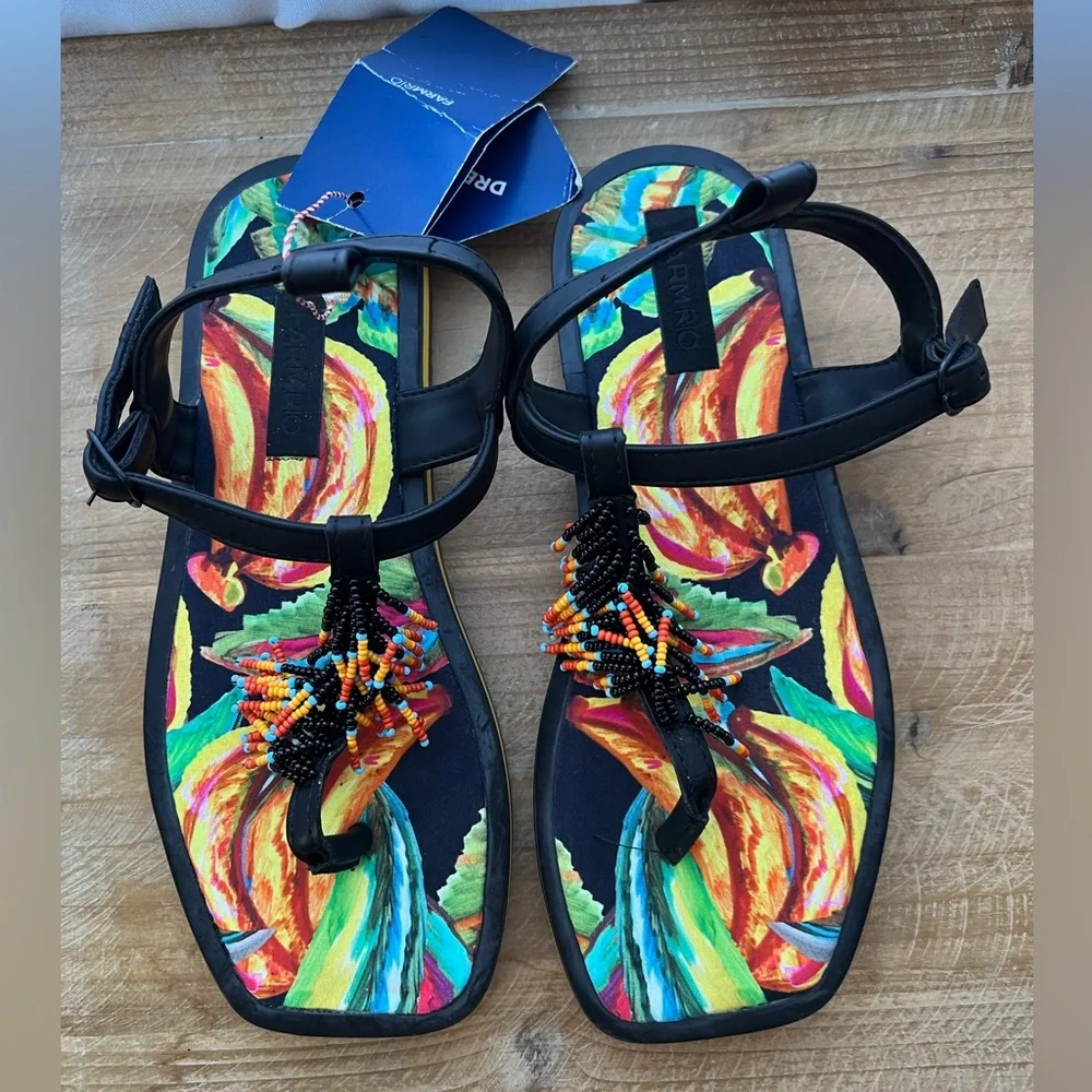 FARM RIO Beaded Pietra Flat Sandal In Black Banana Size 7 - Picture 1 of 11